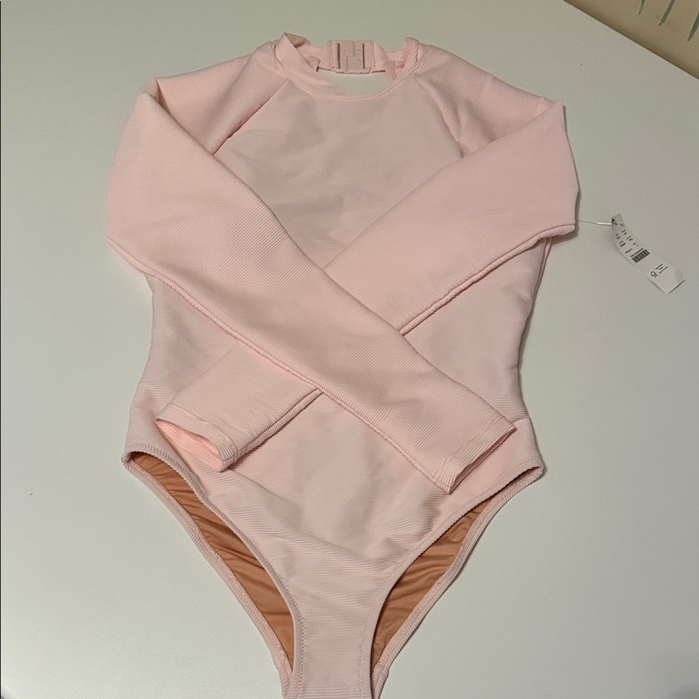 NWT Jcrew Women's Long Sleeve One-Piece Ribbed Swimsuit in Light Pink sz4